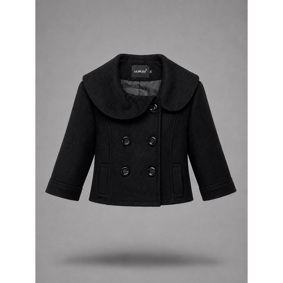 LILIBLEU Jackets & Blazers - LILIBLEU Black Wool Blend Cropped Pea Coat Peter Pan Collar Double Breasted S